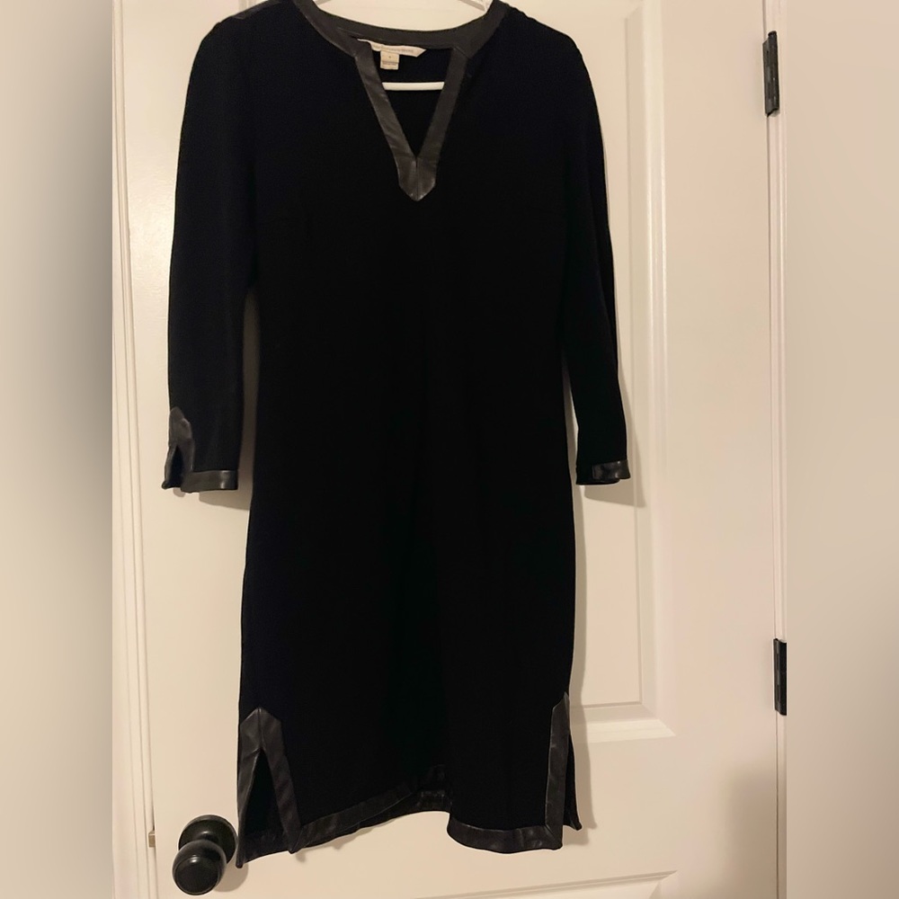 DVF Diane Von Furstenberg Leather Trim Kaftan Dress 3/4 Sleeve Black Size 8